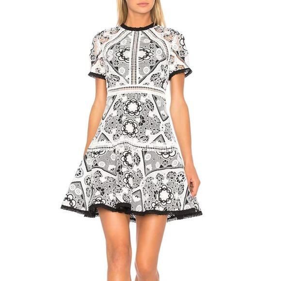 Alexis Emiliana Fit & Flare Mini Dress‎ in Black and White Diamond Lace, XS - Picture 1 of 15